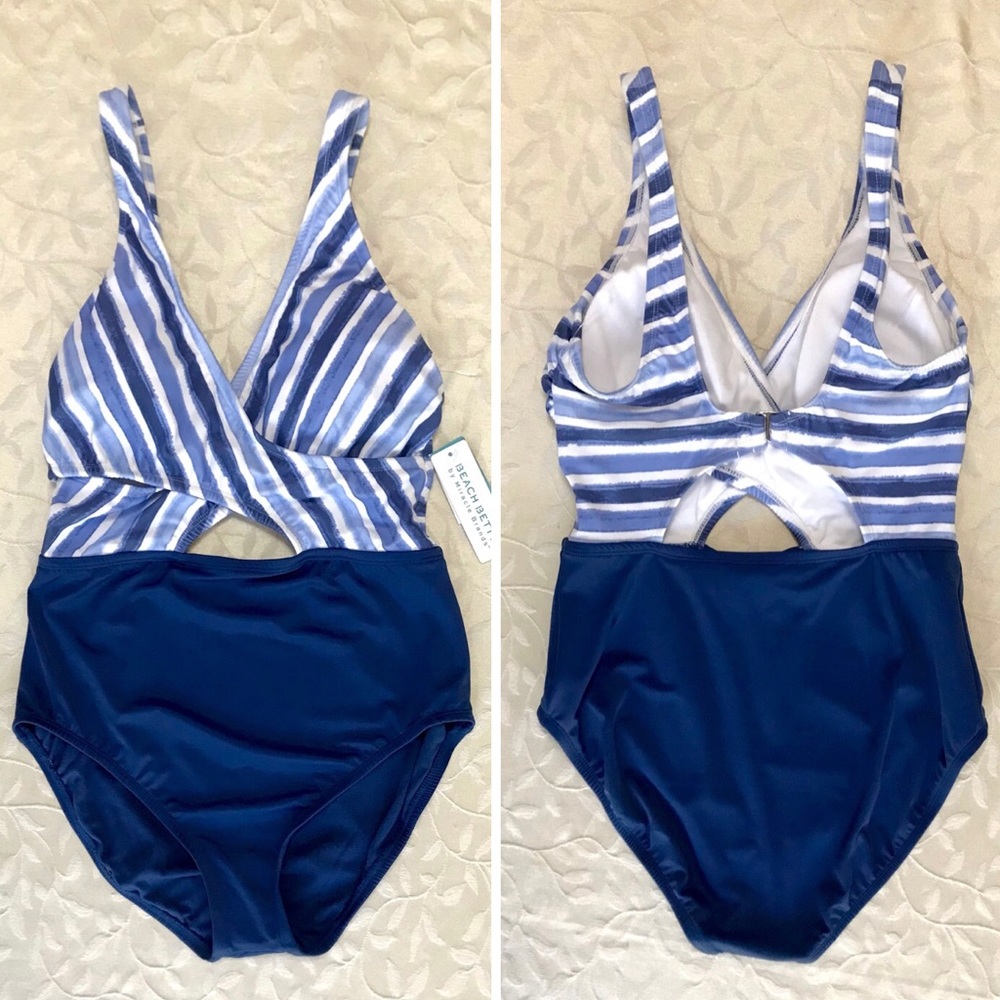 🆕 Beach Betty Womens Swimsuit One Piece Small Blue White Striped Keyhole NWT - Picture 4 of 10